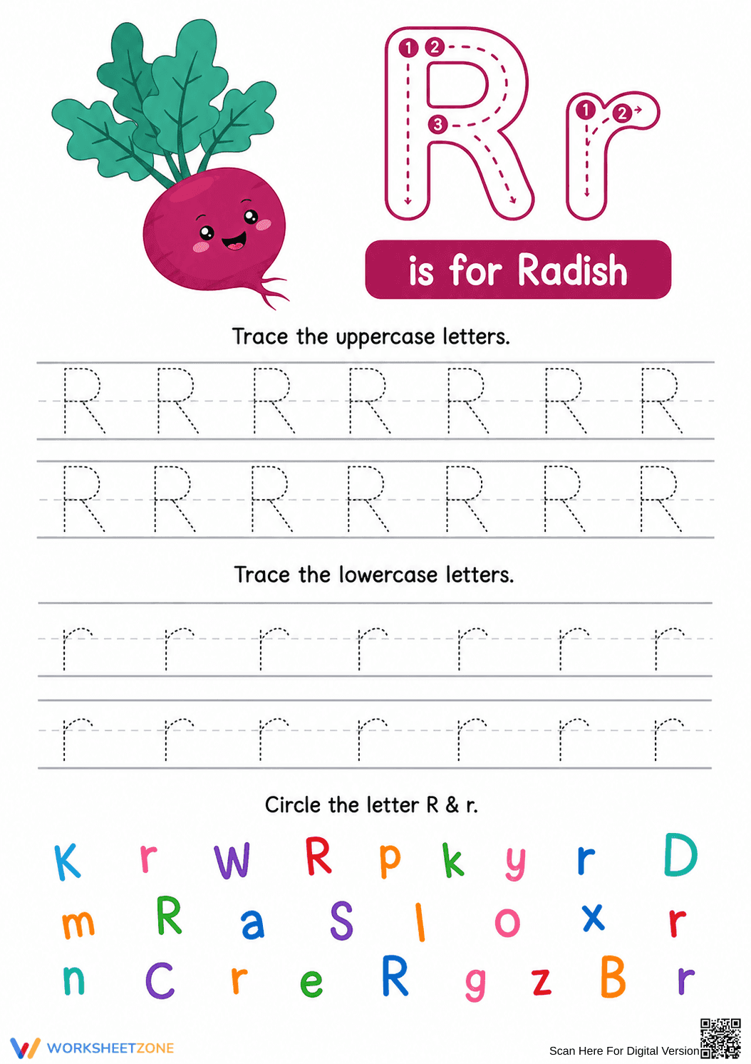 Letter R Tracing Worksheet – R is for Radish - Page 1