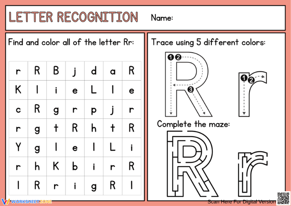 Find, trace, and color the letter R - Page 1