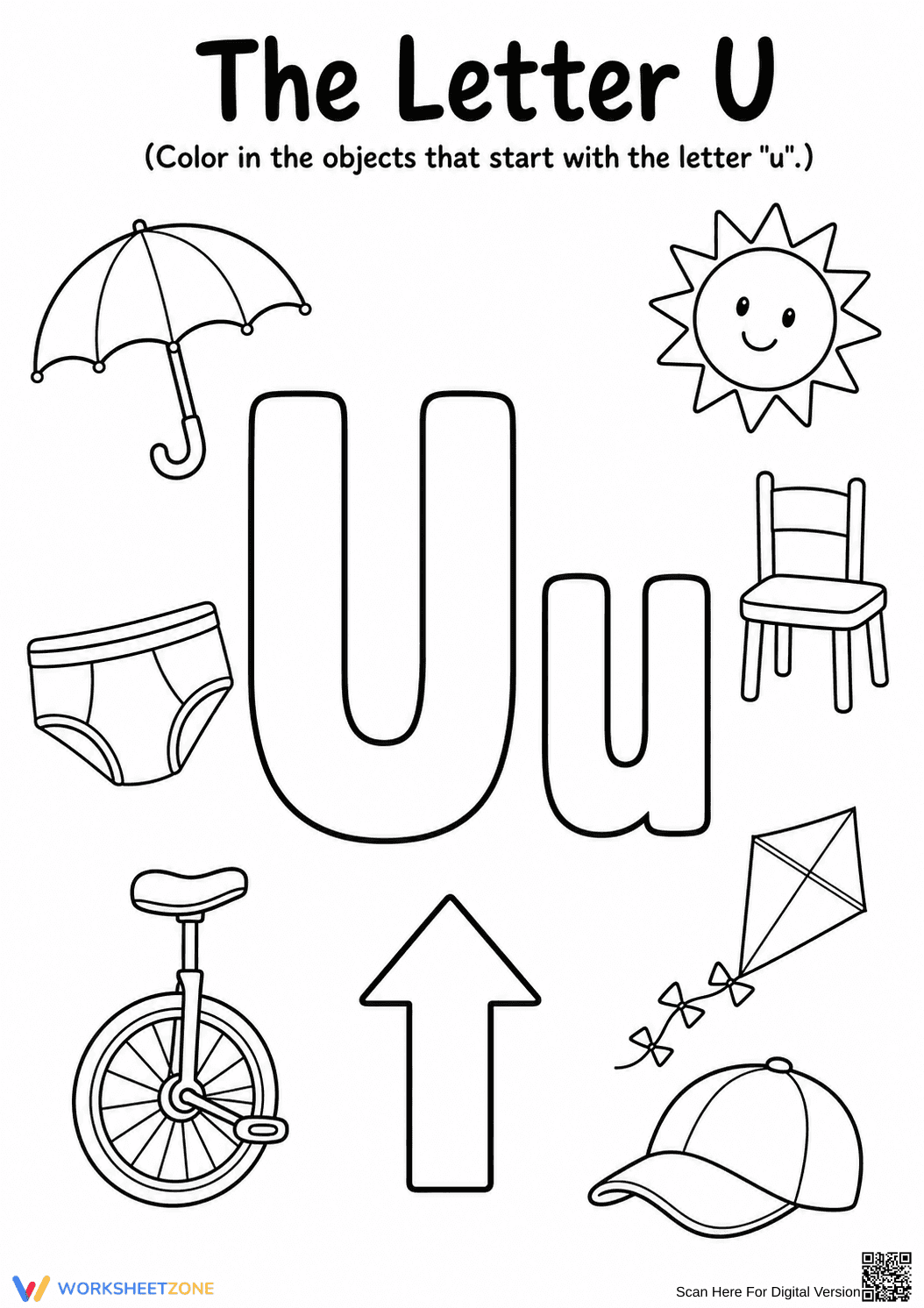 The Letter U Coloring Worksheet – Beginning Sounds - Page 1