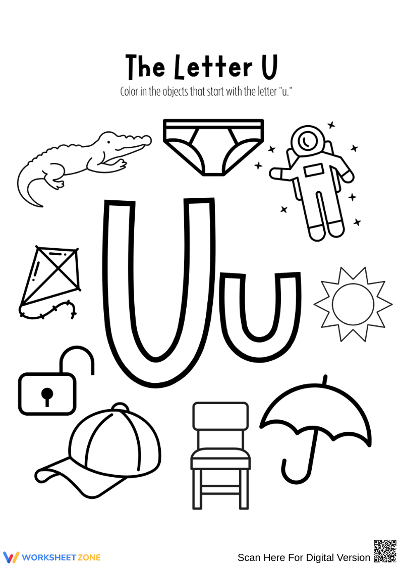 The Letter U Coloring Worksheet – Beginning Sounds - Page 1