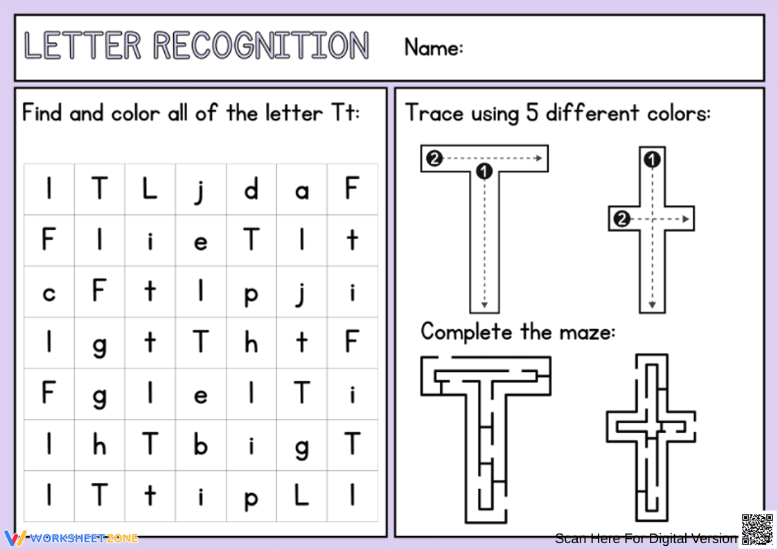 Letter T Recognition Worksheet – Find, Trace, and Maze Fun - Page 1