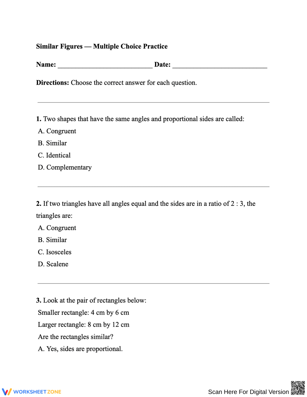Similar Figures – Multiple Choice Geometry Practice - Page 1