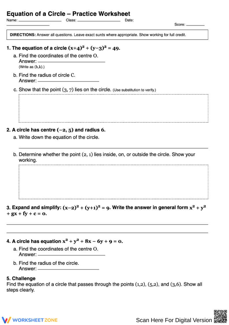 Equation of a Circle – Practice Worksheet - Page 1
