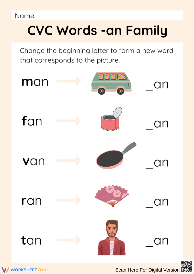 CVC -an Word Family Worksheet - Page 1