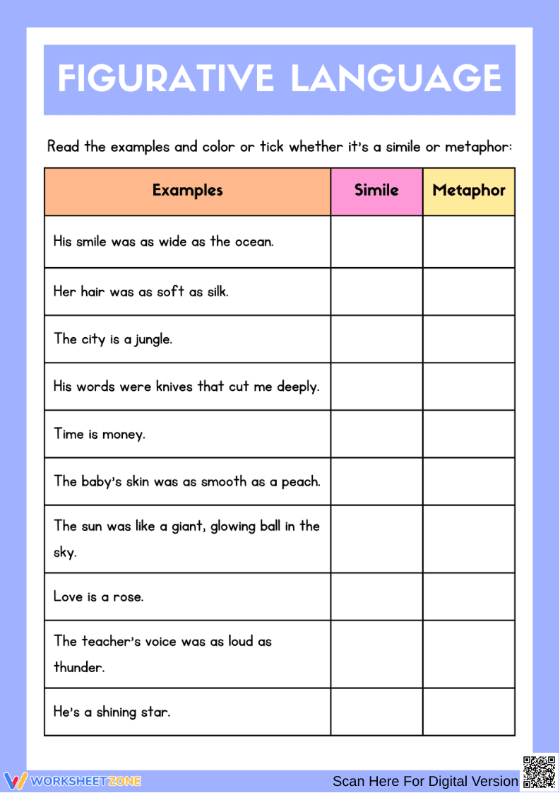 Figurative Language – Simile or Metaphor Sorting Worksheet - Page 1