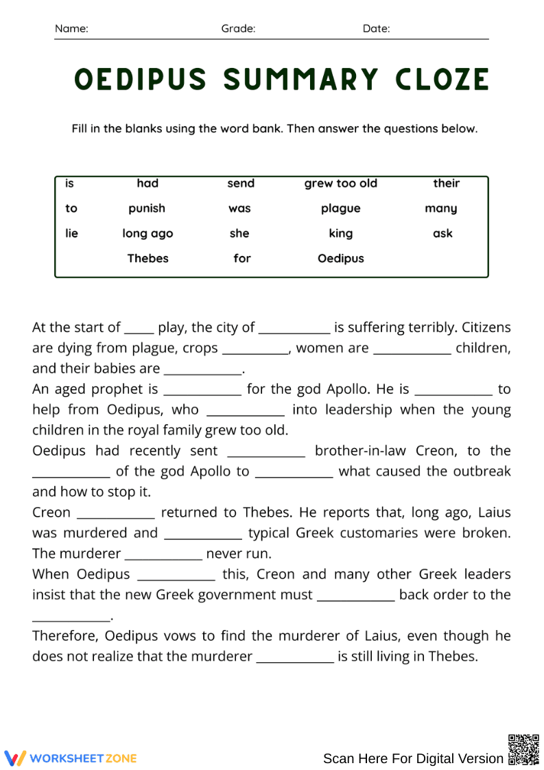 Oedipus Summary Cloze Worksheet - Page 1