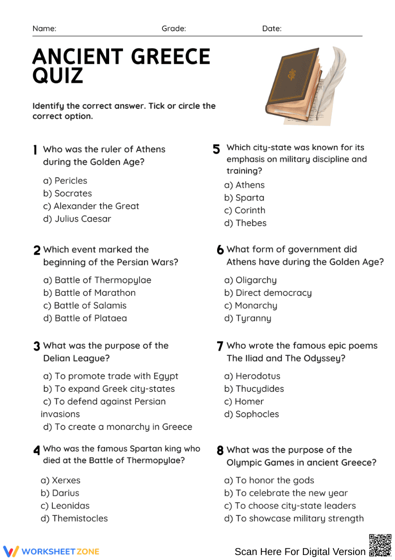 Ancient Greece Multiple-Choice Quiz Worksheet - Page 1