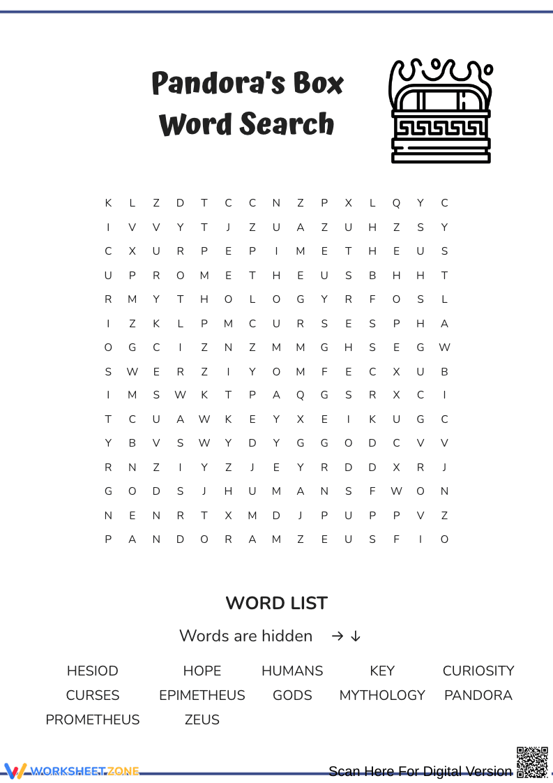 Pandora’s Box Word Search Worksheet - Page 1