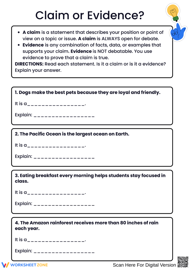 Claim or Evidence? Worksheet - Page 1