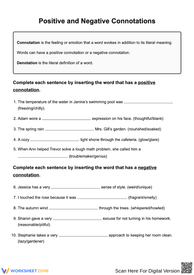 Positive and Negative Connotations Practice Worksheet - Page 1