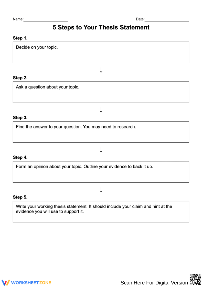 5 Steps to Your Thesis Statement Worksheet - Page 1