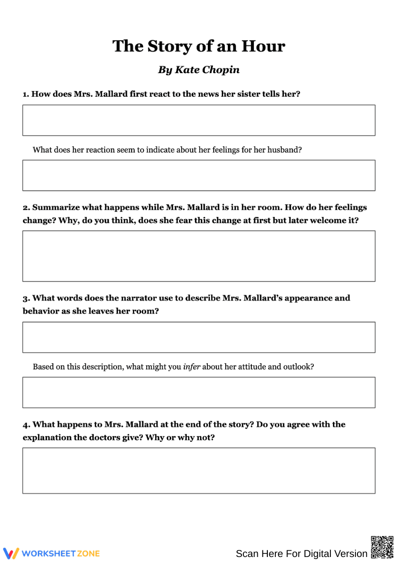 The Story of an Hour: Deep Comprehension Worksheet - Page 1