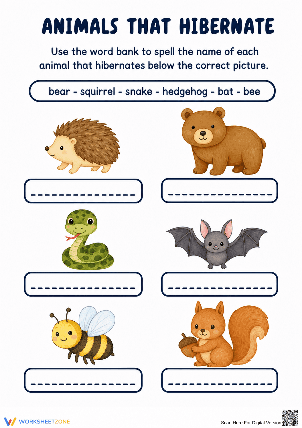 Grade 1 Hibernating Animals — Printable No-Prep Worksheet - Page 1