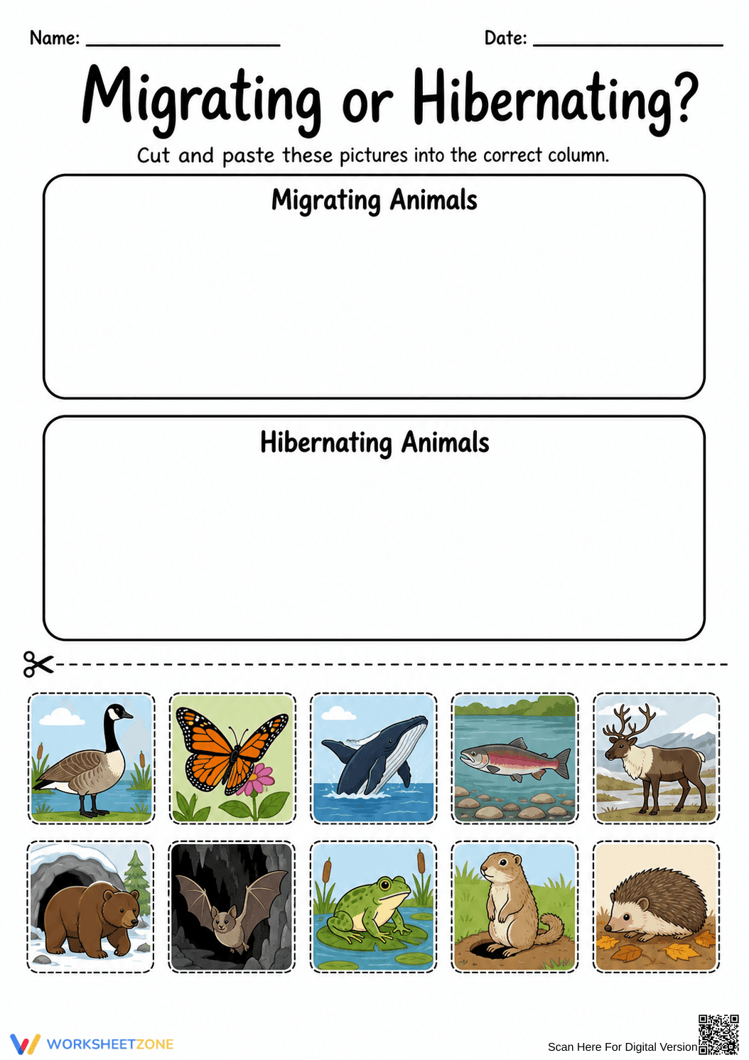 Essential Migrating or Hibernating Sorting Worksheet - Page 1