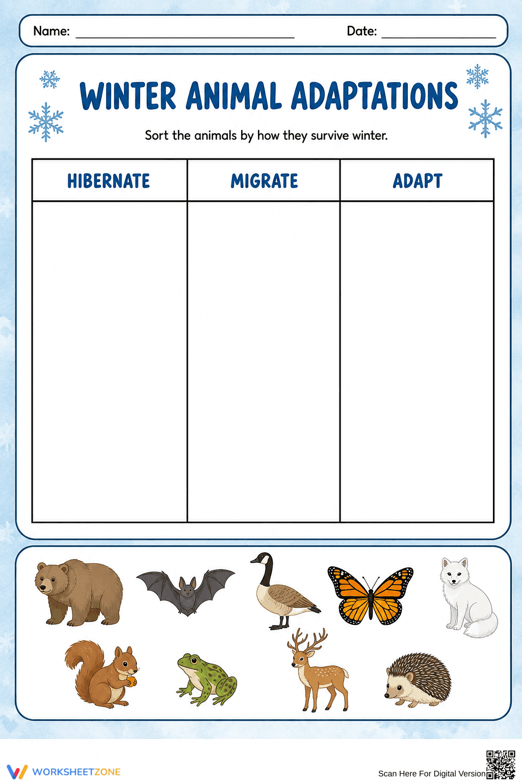 Grade 3 Winter Animal Adaptations — Printable Worksheet - Page 1