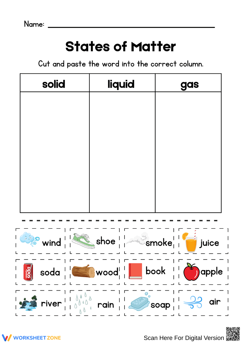 States of Matter Cut-and-Paste Worksheet - Page 1