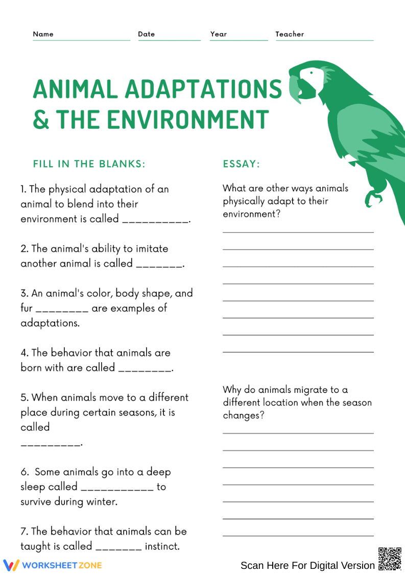 Animal Adaptations and the Environment Worksheet - Page 1