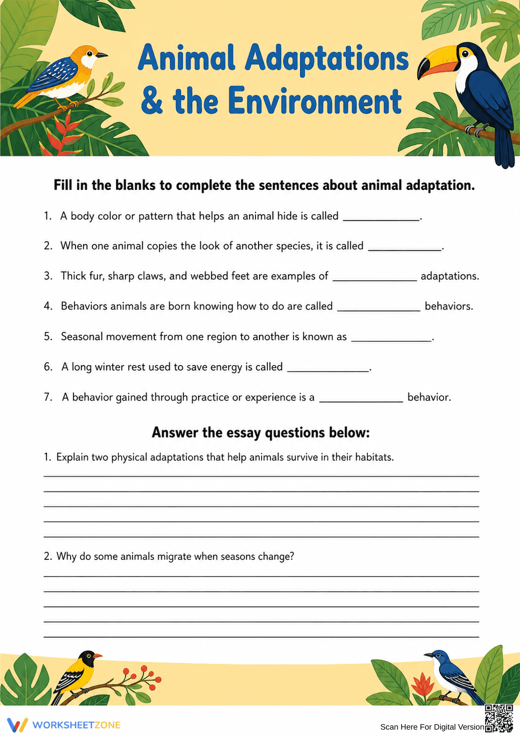 Grades 6-8 Animal Adaptations — Printable No-Prep Worksheet - Page 1