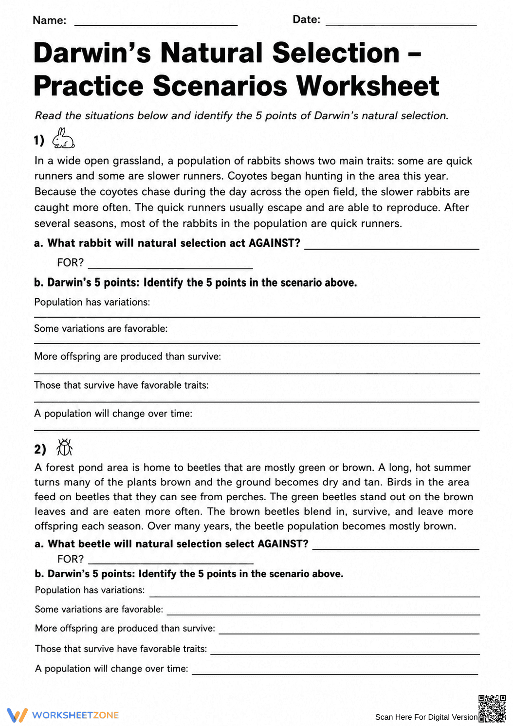 Natural Selection Scenarios | Grade 8 Science Printable - Page 1