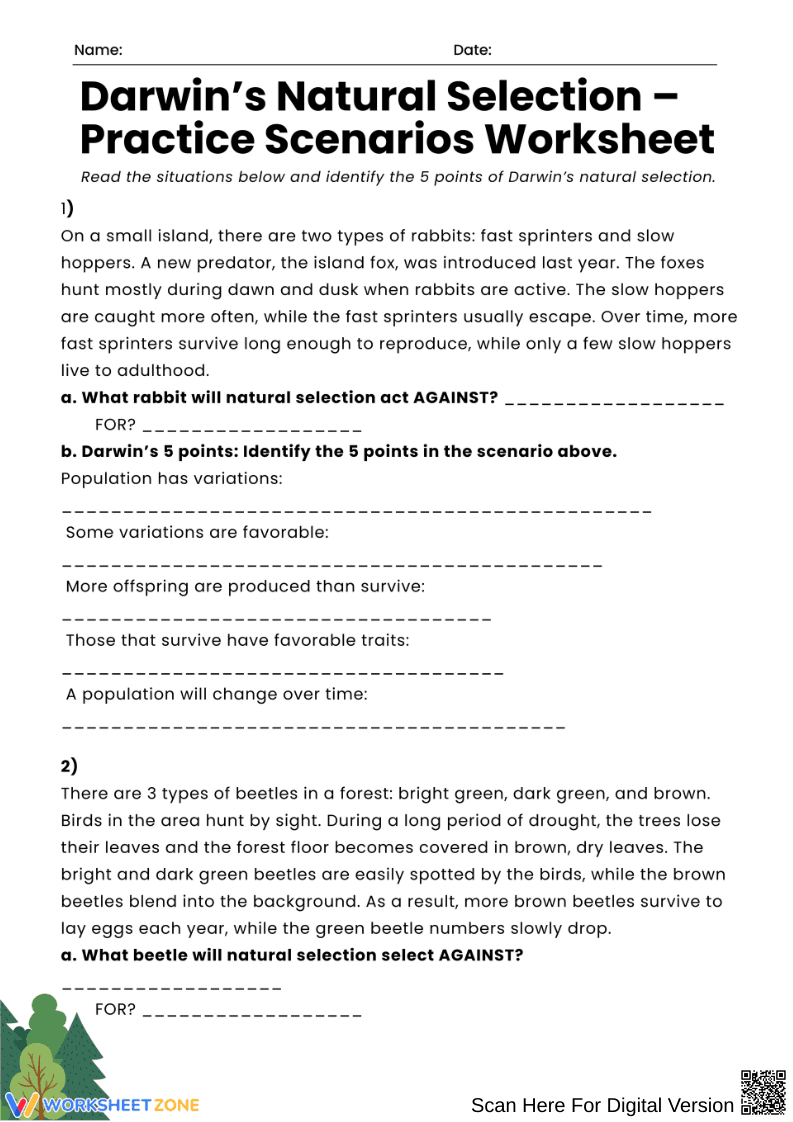 Darwin’s Natural Selection – Practice Scenarios Worksheet - Page 1