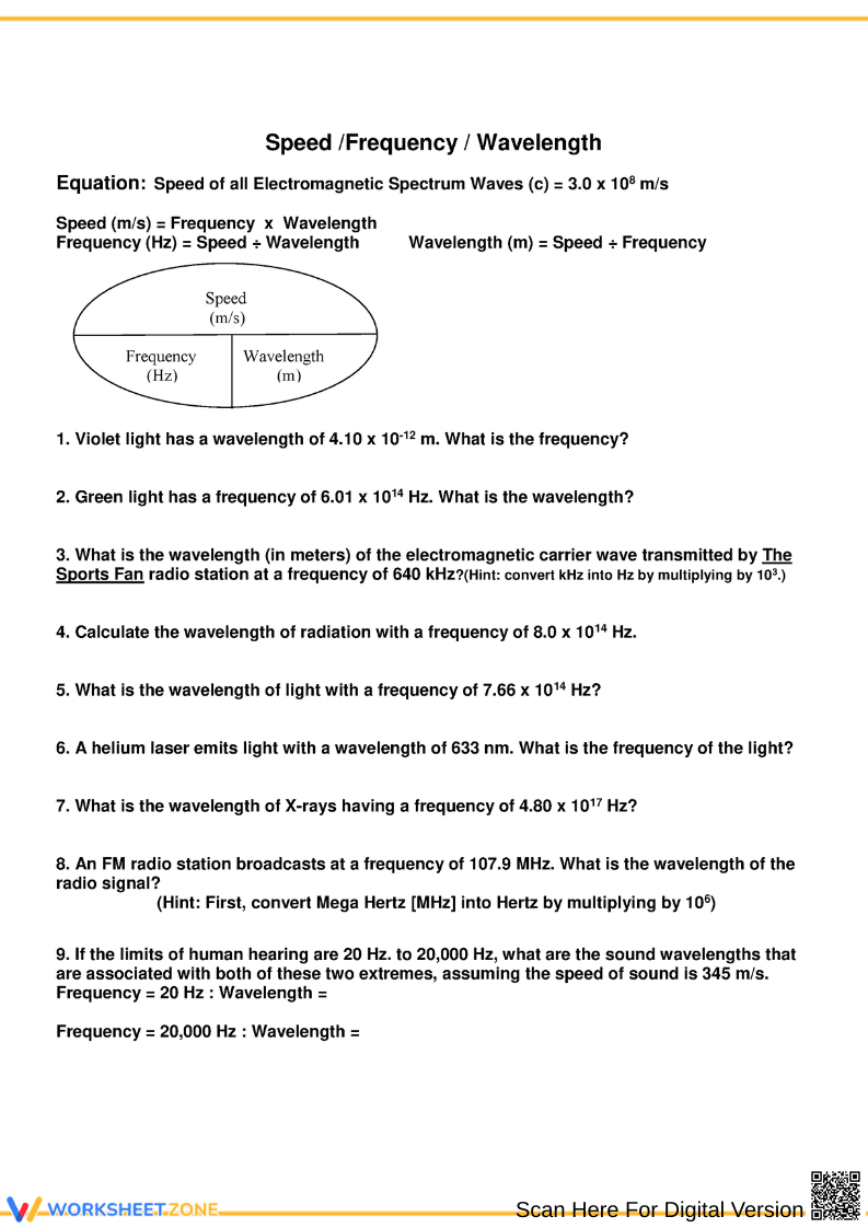 Speed, Frequency & Wavelength Worksheet - Page 1