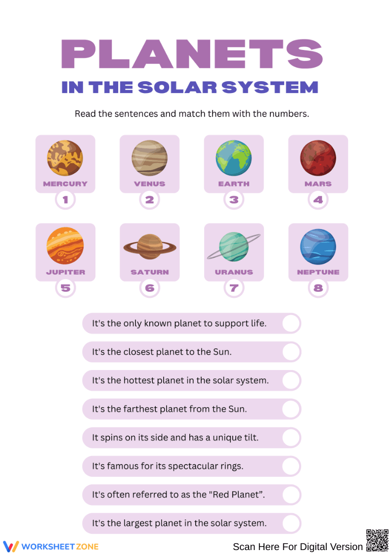Planets in the Solar System Matching Worksheet - Page 1