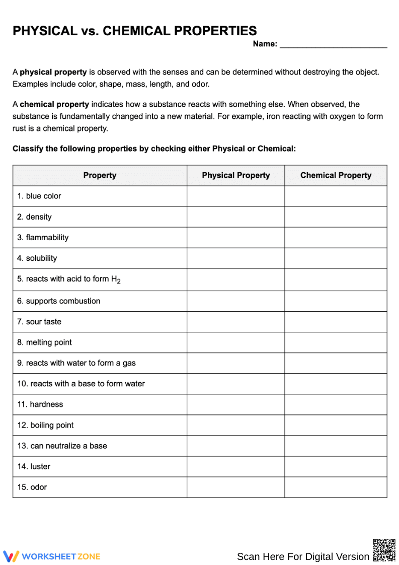 Physical vs Chemical Properties Worksheet - Page 1