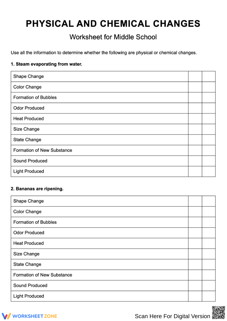 Physical and Chemical Changes Worksheet for Middle School - Page 1