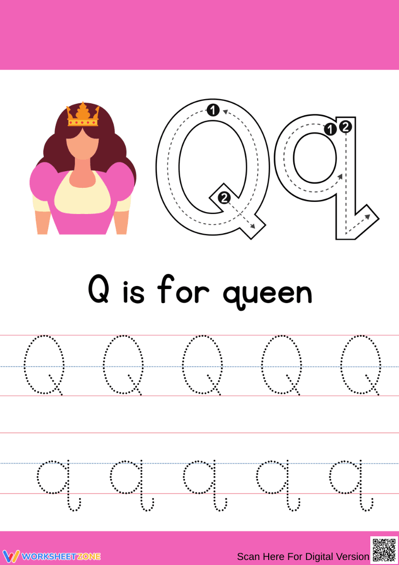 Letter Q Tracing Worksheet – Q is for Queen - Page 1