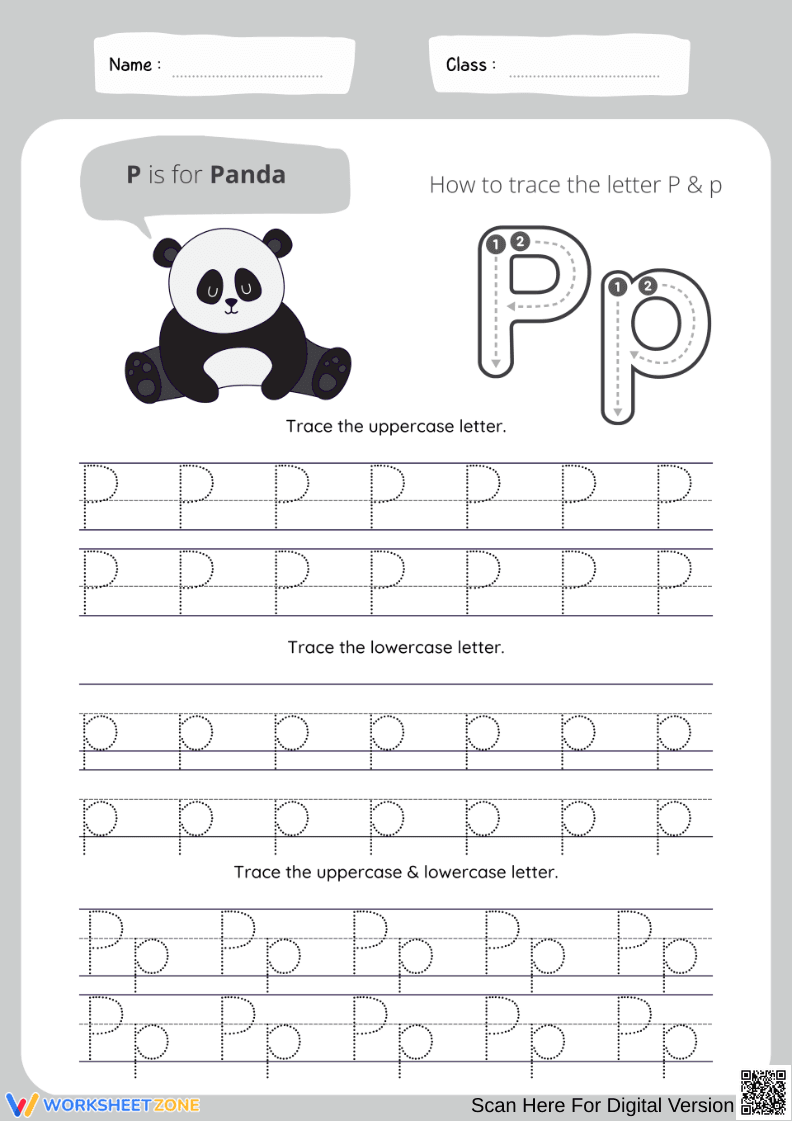 Letter P Tracing Worksheet – P is for Panda - Page 1