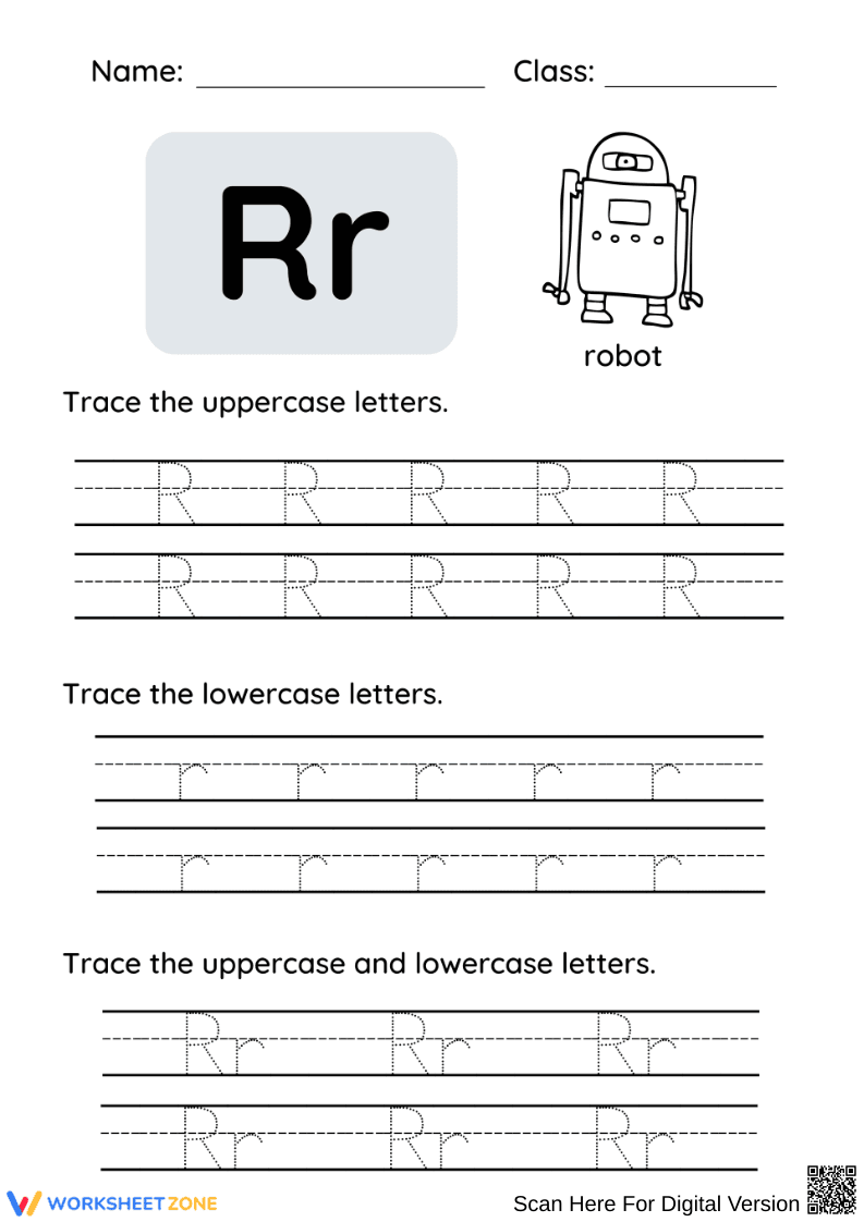 Letter R Tracing Worksheet – R is for Robot - Page 1