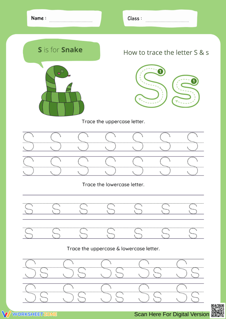 Letter S Tracing Worksheet – S is for Snake - Page 1