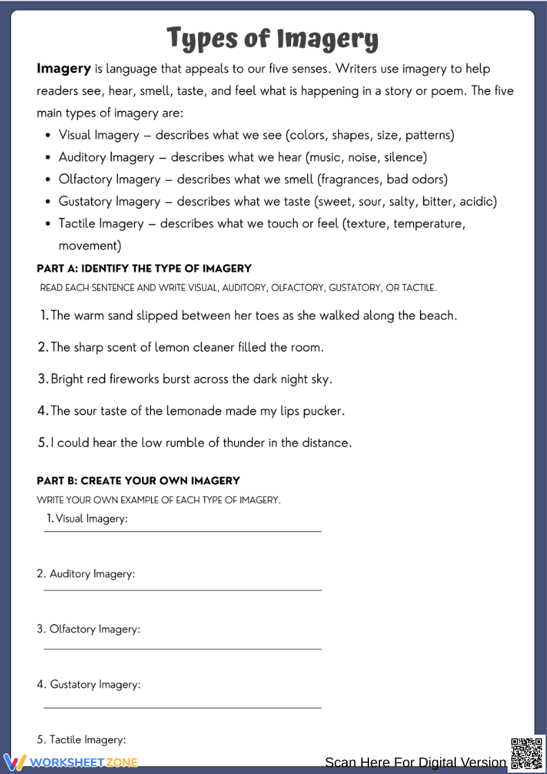 Types of Imagery Identification & Writing Worksheet - Page 1