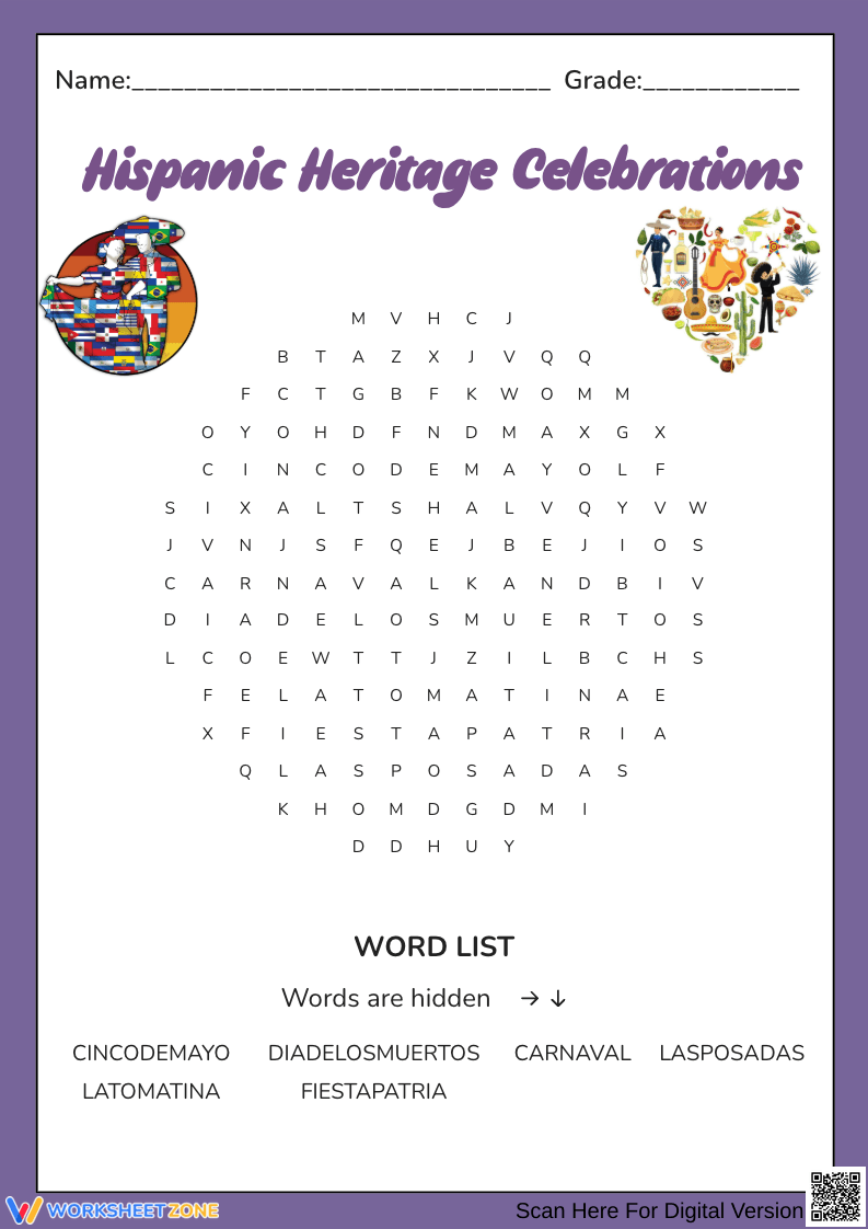 Hispanic Heritage Celebrations Word Search Worksheet - Page 1