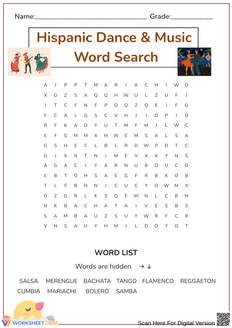 Hispanic Dance & Music Word Search - Page 1