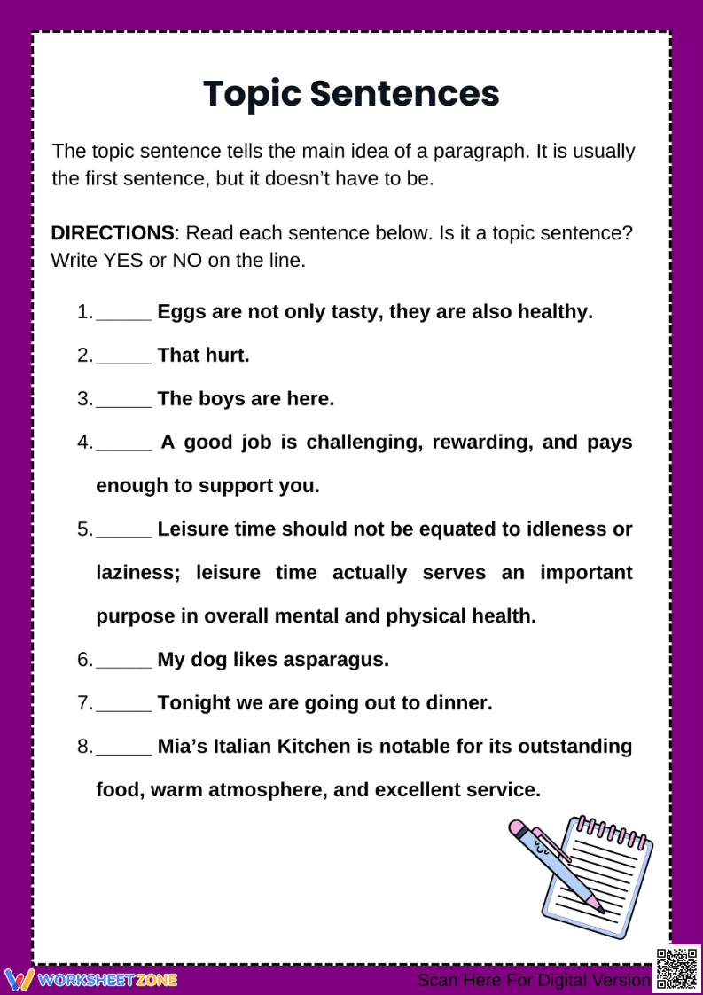 Topic Sentences Identification Worksheet - Page 1