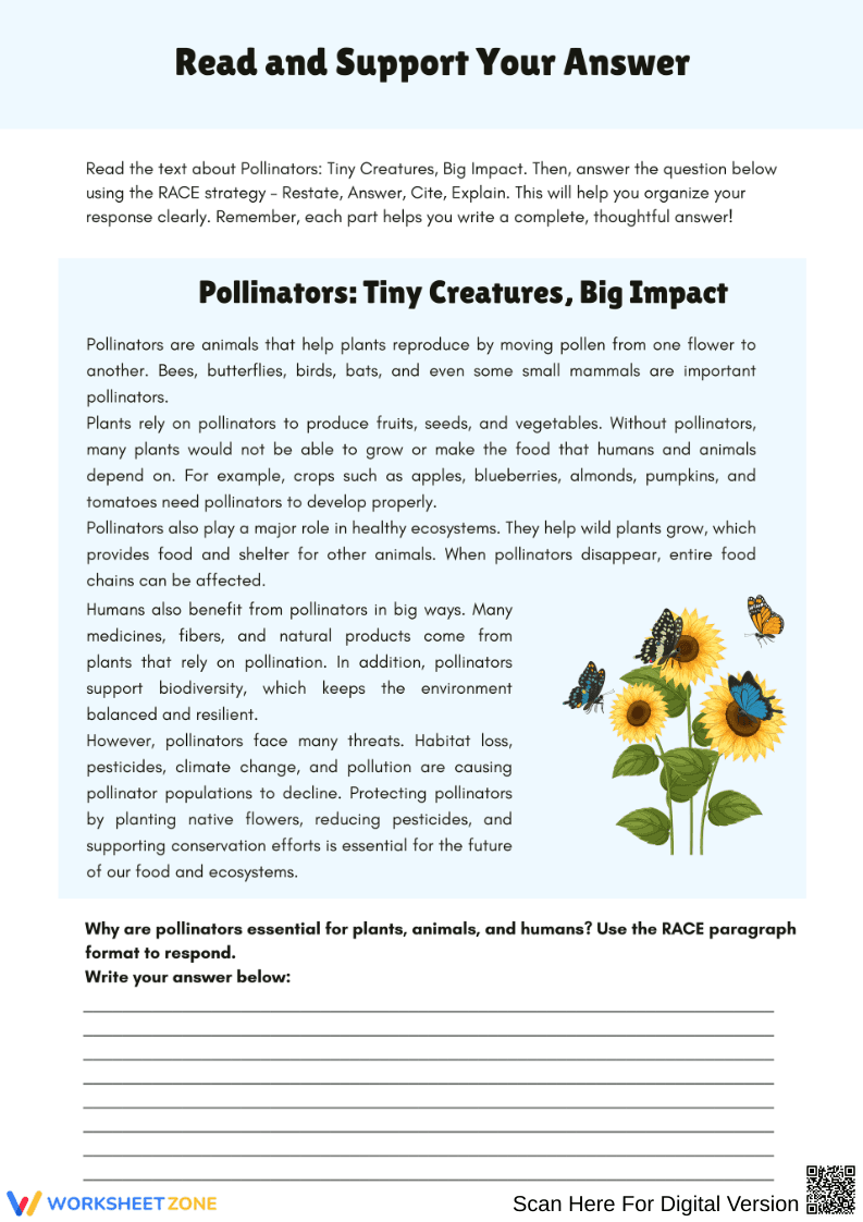 Pollinators RACE Strategy Reading Comprehension Worksheet - Page 1