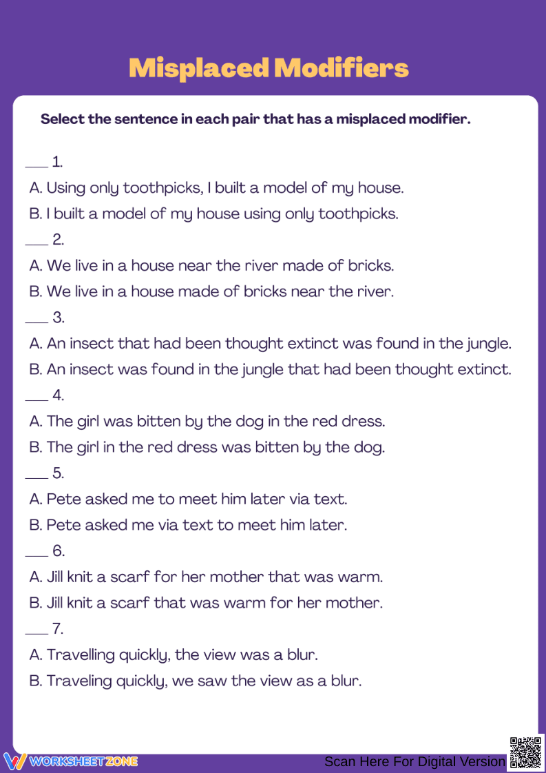 Identify Misplaced Modifiers Worksheet - Page 1