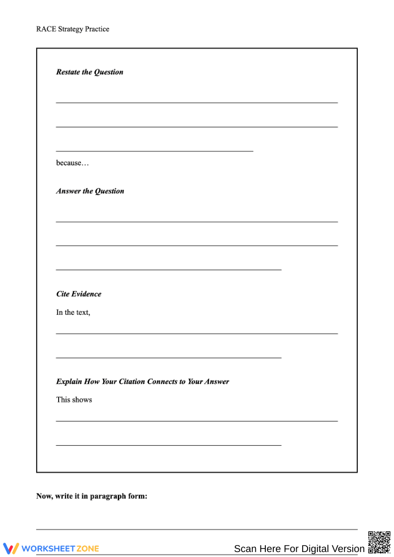 RACE Strategy Practice Graphic Organizer Worksheet - Page 1