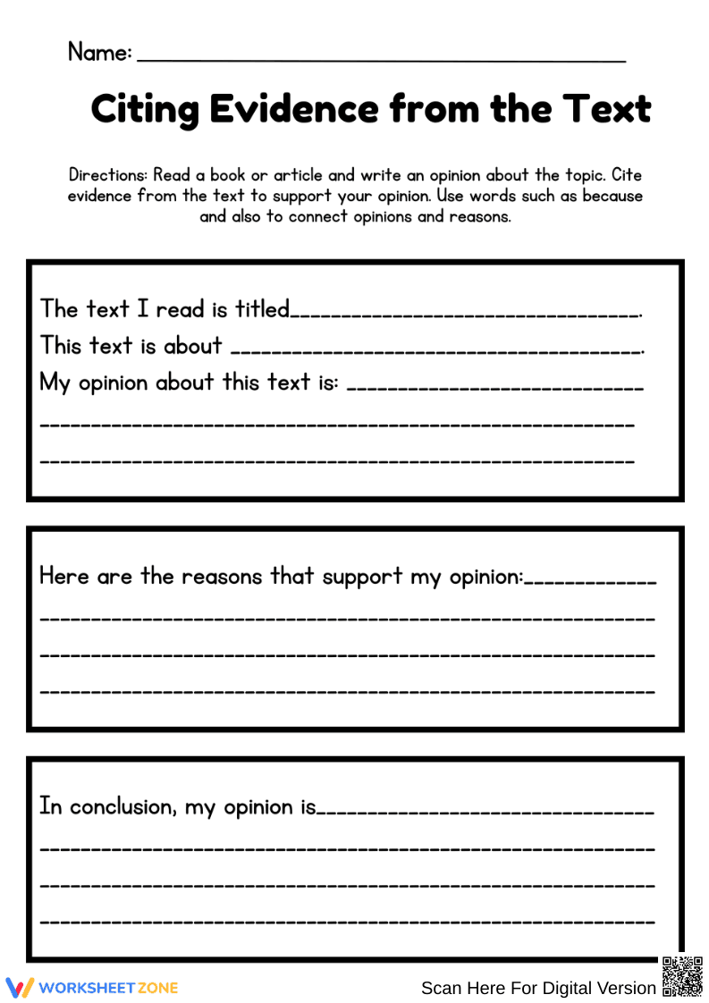 Citing Evidence from the Text Opinion Writing Worksheet - Page 1