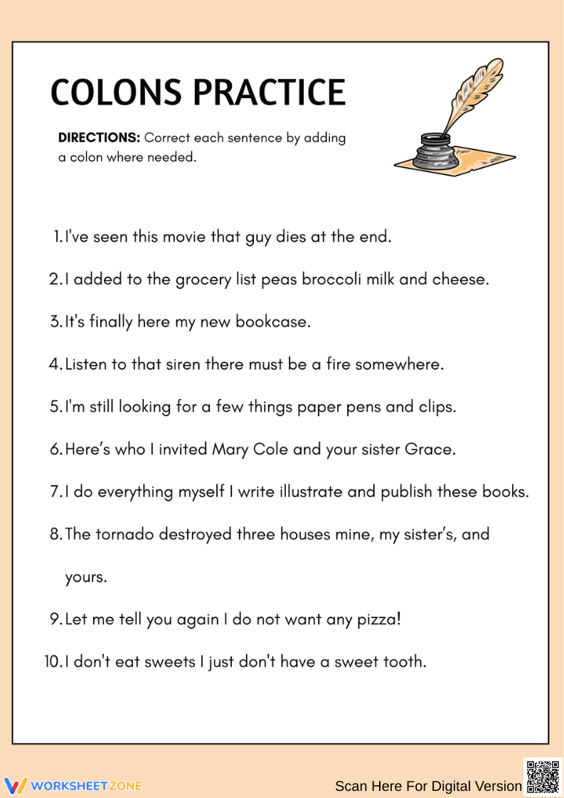 Colons Practice – Add Colons to Complete Each Sentence - Page 1