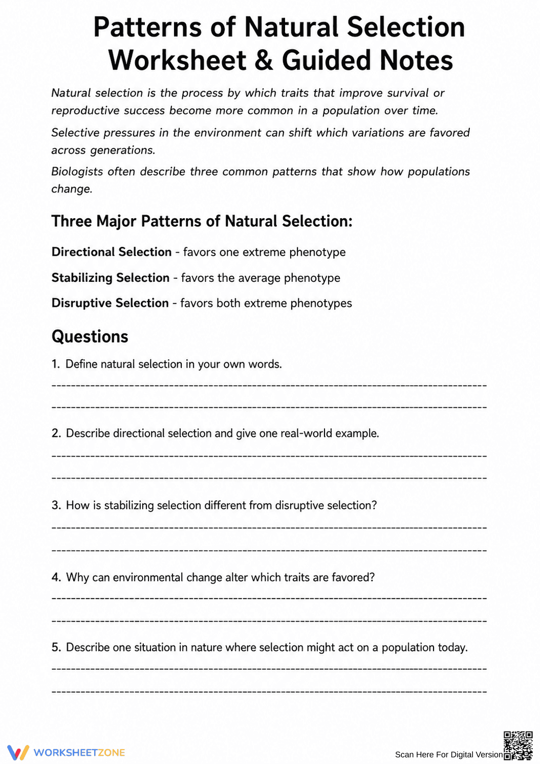 Essential Natural Selection Patterns Worksheet | Grade 10 - Page 1