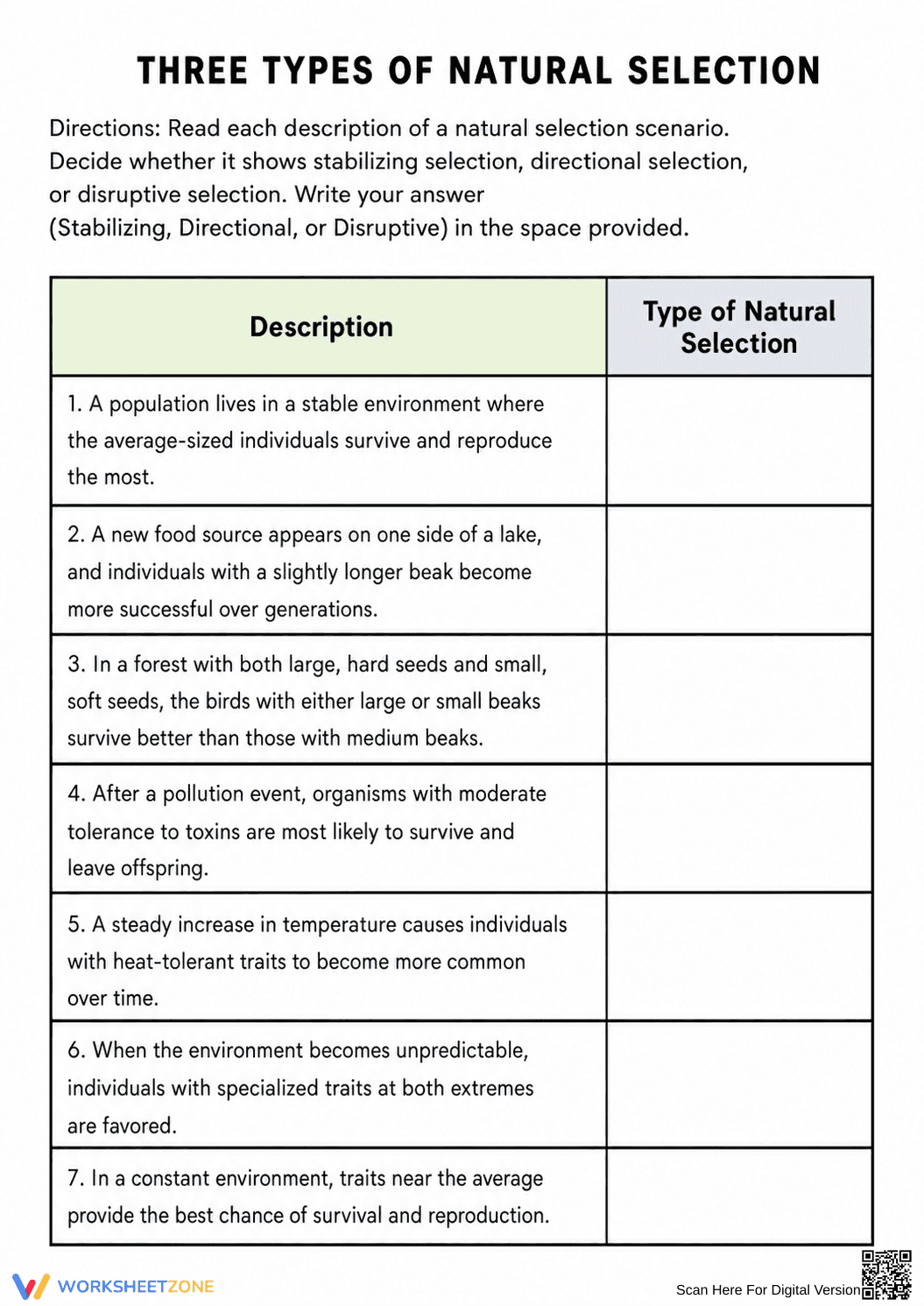 Printable Natural Selection Types Worksheet | Grades 7-12 - Page 1