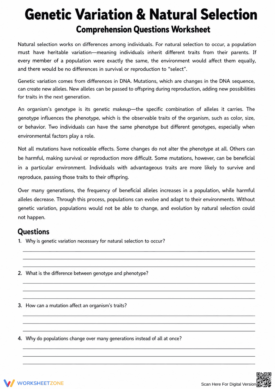 Genetic Variation & Natural Selection | Essential Worksheet - Page 1