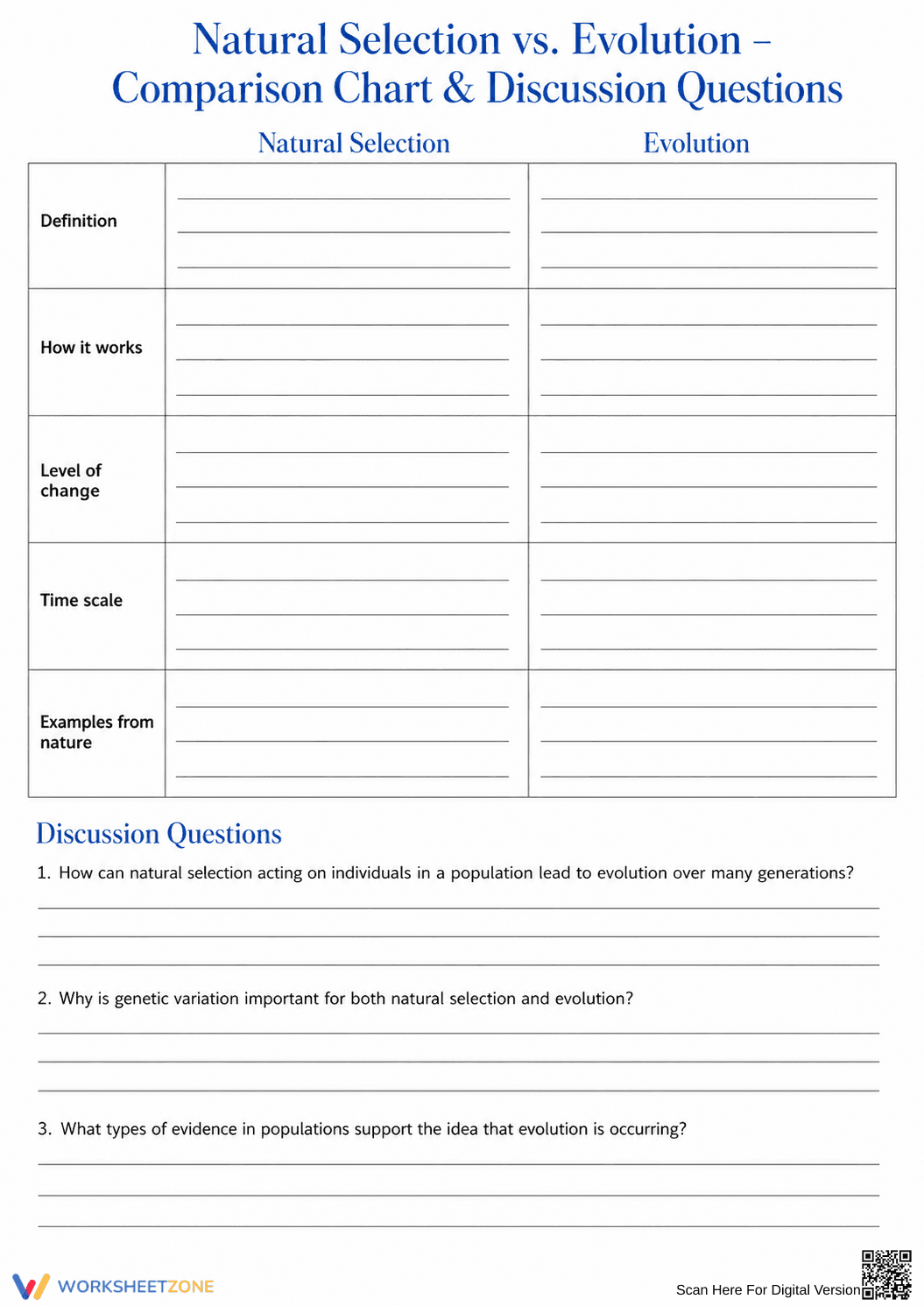 Grade 8 Natural Selection — Printable No-Prep Worksheet - Page 1