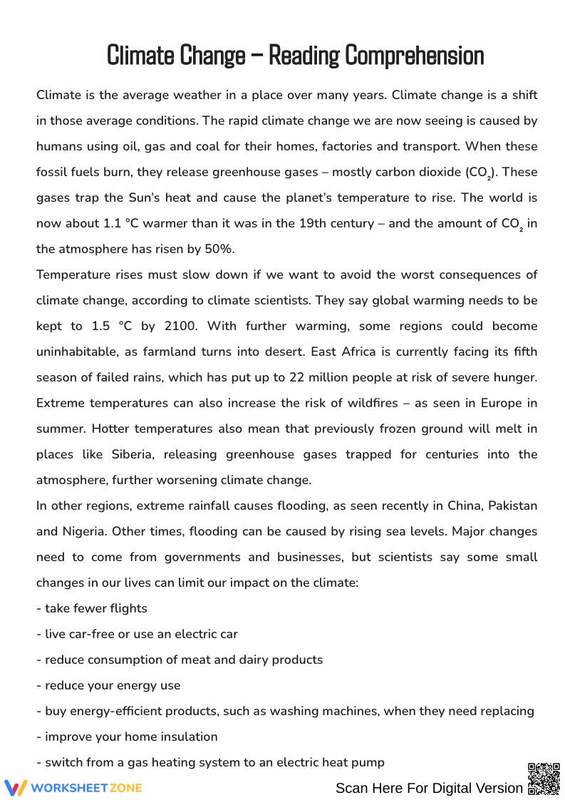 Climate Change – Reading Comprehension Worksheet - Page 1