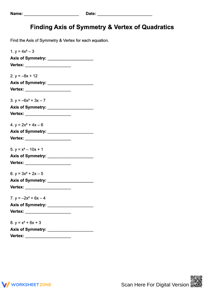 Axis of Symmetry & Vertex Quadratics Worksheet - Page 1