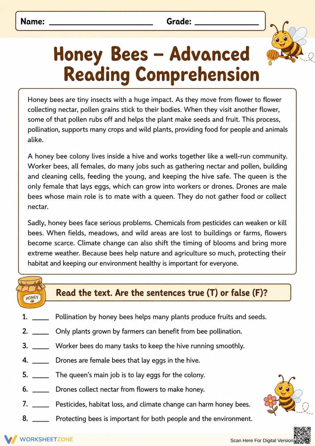Honey Bees Advanced Reading Worksheet | Grade 5 Essential - Page 1