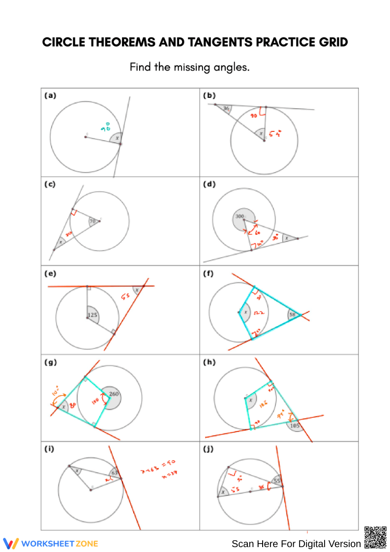 Circle Theorems & Tangents Practice Grid - Page 1
