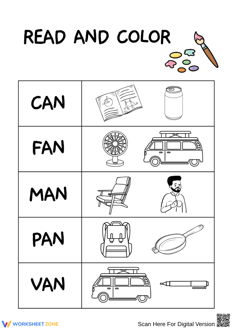 Read and Color -an Word Family Worksheet - Page 1